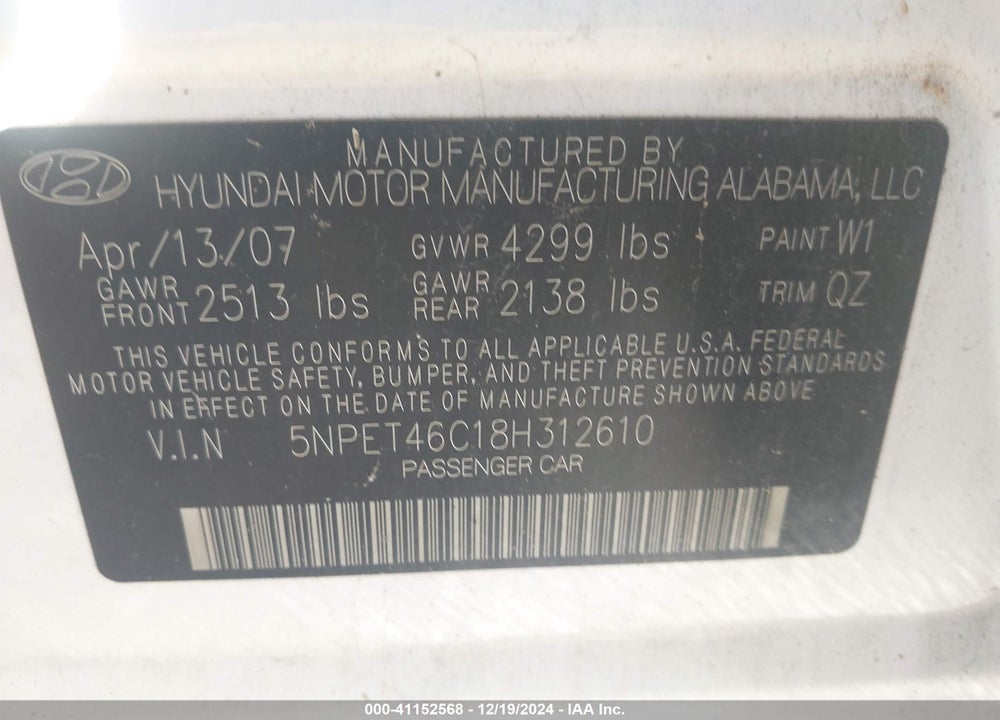 2008 HYUNDAI SONATA GLS VIN: 5NPET46C18H312610
