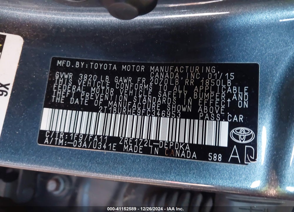 2015 TOYOTA COROLLA L VIN: 2T1BURHE9FC346953