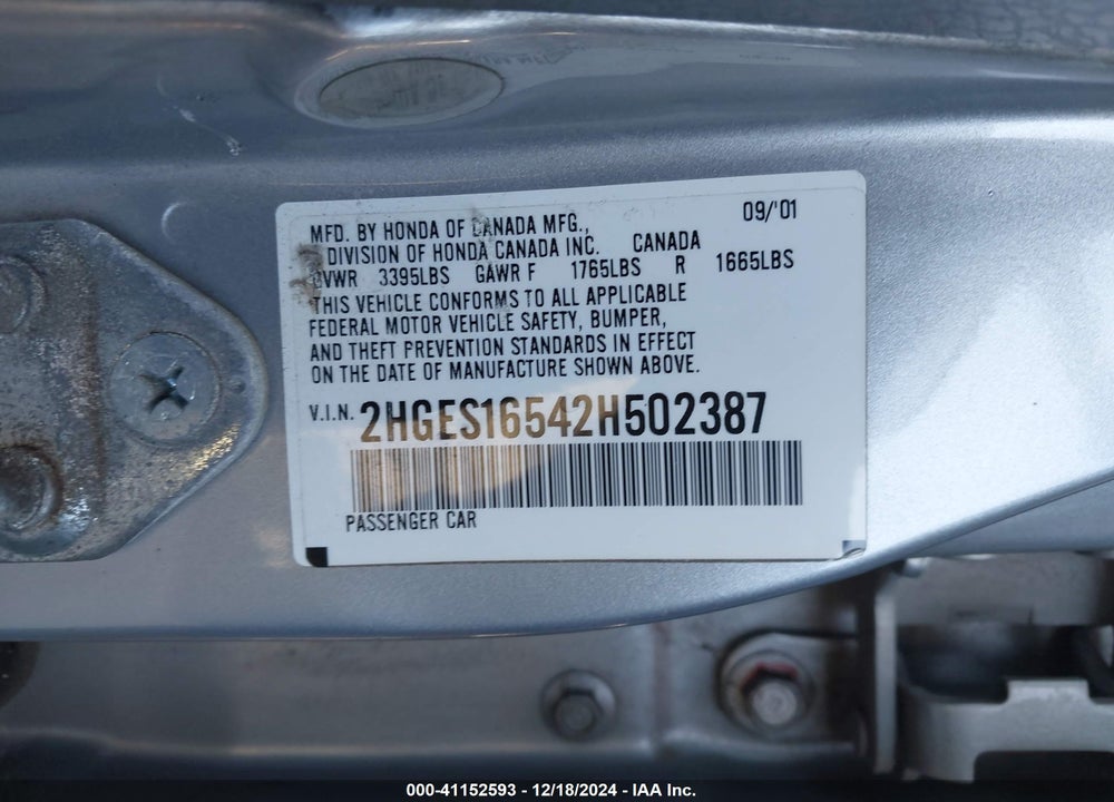 2002 HONDA CIVIC LX VIN: 2HGES16542H502387