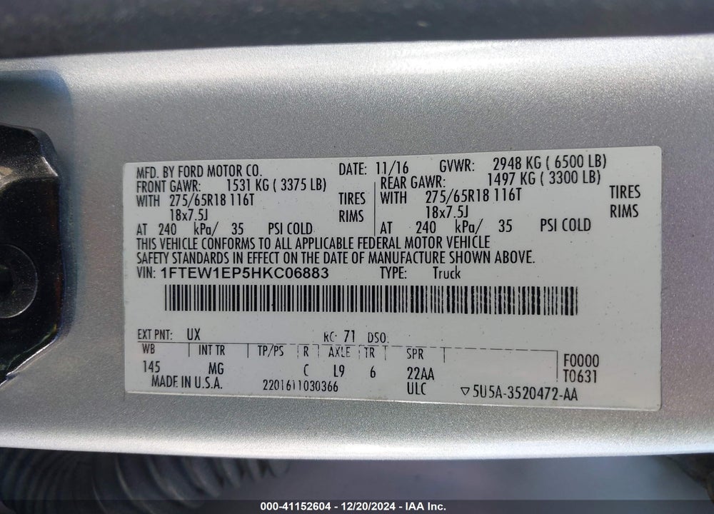 2017 FORD F-150 VIN: 1FTEW1EP5HKC06883