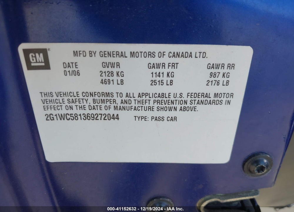 2006 CHEVROLET IMPALA VIN: 2G1WC581369272044