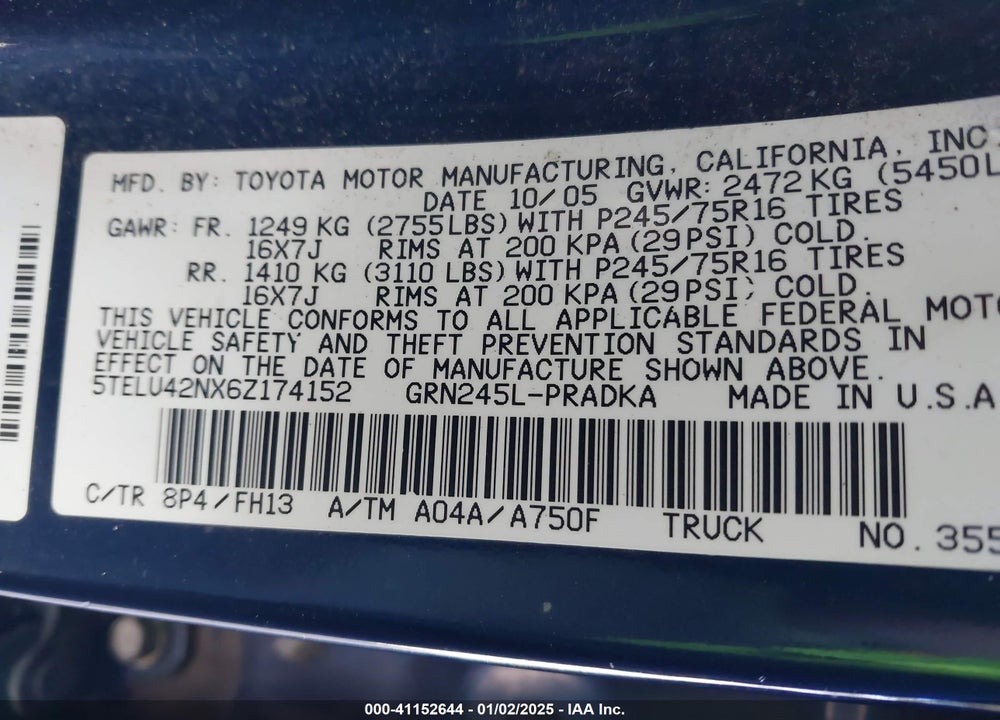 2006 TOYOTA TACOMA BASE V6 VIN: 5TELU42NX6Z174152