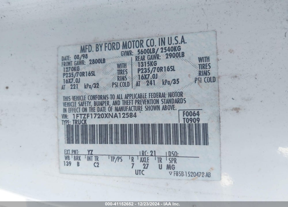 1999 FORD F-150 WORK SERIES/XL/XLT VIN: 1FTZF1720XNA12584