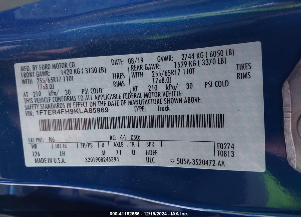 2019 FORD RANGER XLT VIN: 1FTER4FH9KLA85969
