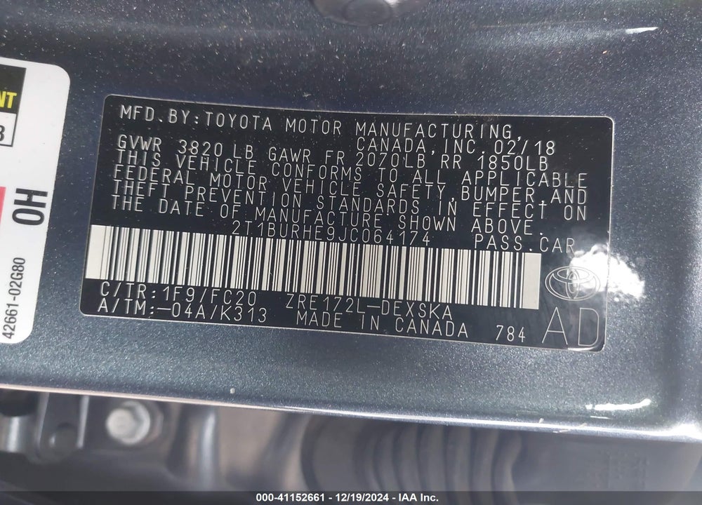 2018 TOYOTA COROLLA SE VIN: 2T1BURHE9JC064174