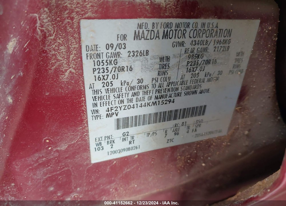 2004 MAZDA TRIBUTE LX V6 VIN: 4F2YZ04144KM15294