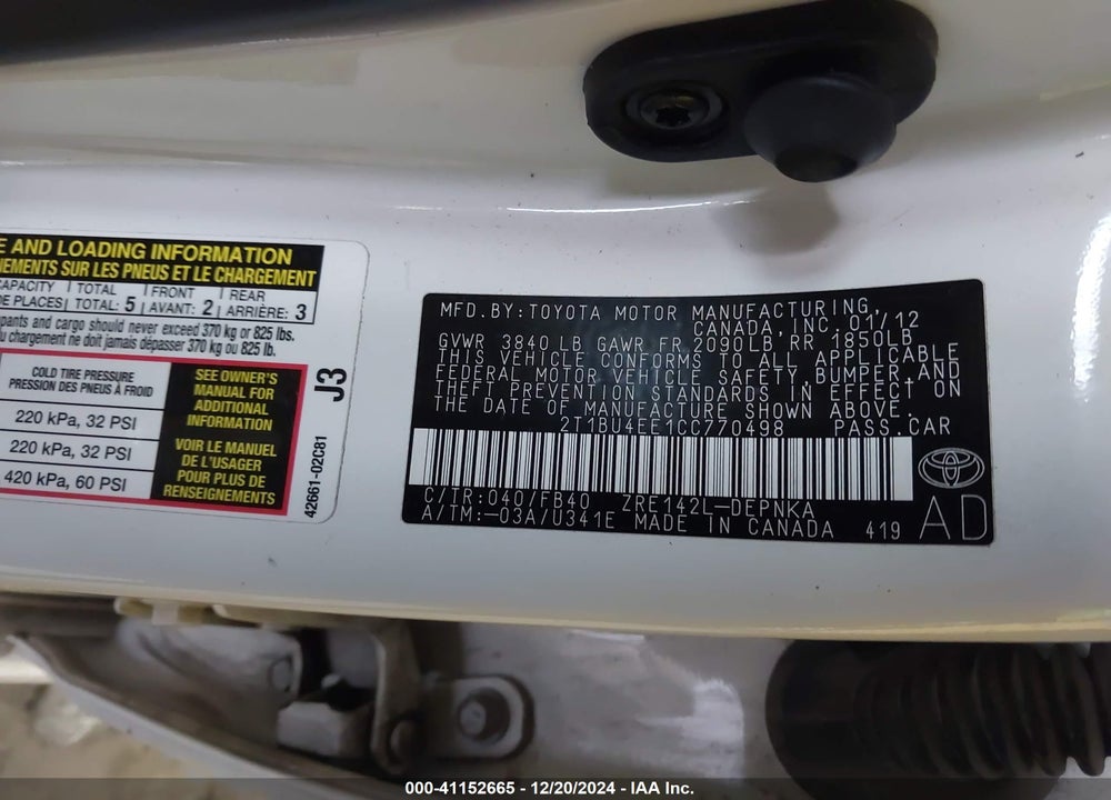 2012 TOYOTA COROLLA LE VIN: 2T1BU4EE1CC770498