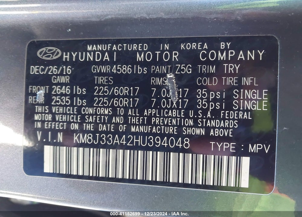 2017 HYUNDAI TUCSON VIN: KM8J33A42HU394048