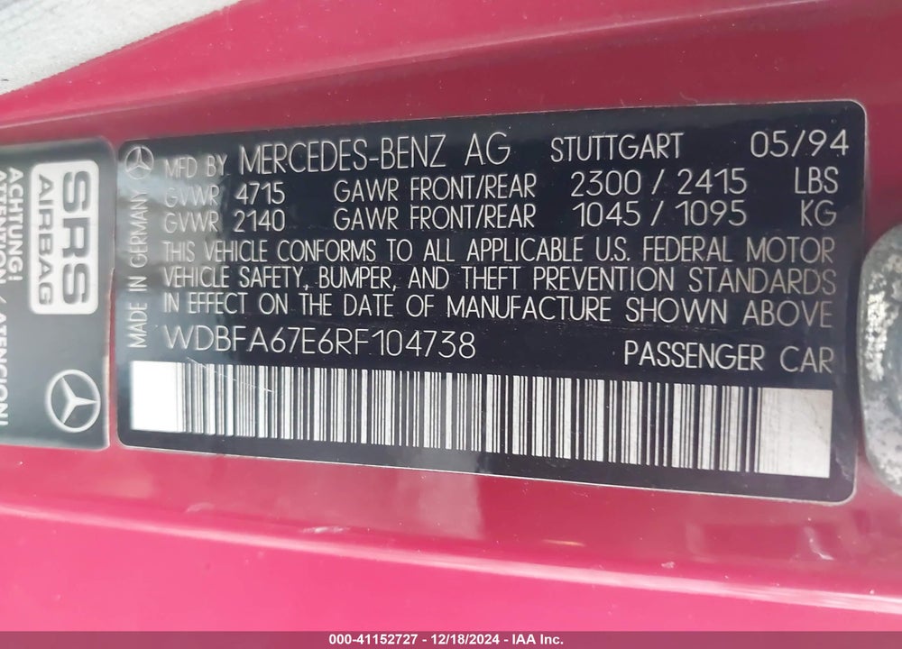 1994 MERCEDES-BENZ SL 500 VIN: WDBFA67E6RF104738