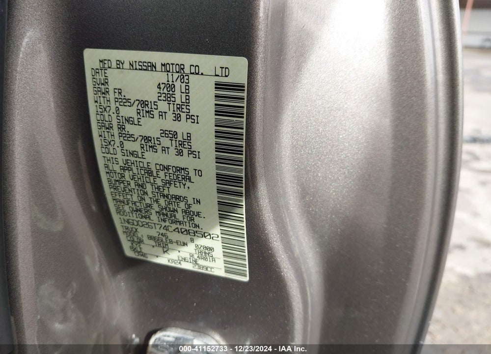 2004 NISSAN FRONTIER XE VIN: 1N6DD26T74C408502