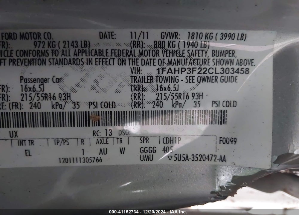 2012 FORD FOCUS SE VIN: 1FAHP3F22CL303458