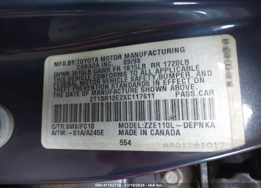 1999 TOYOTA COROLLA LE VIN: 2T1BR12E2XC117611