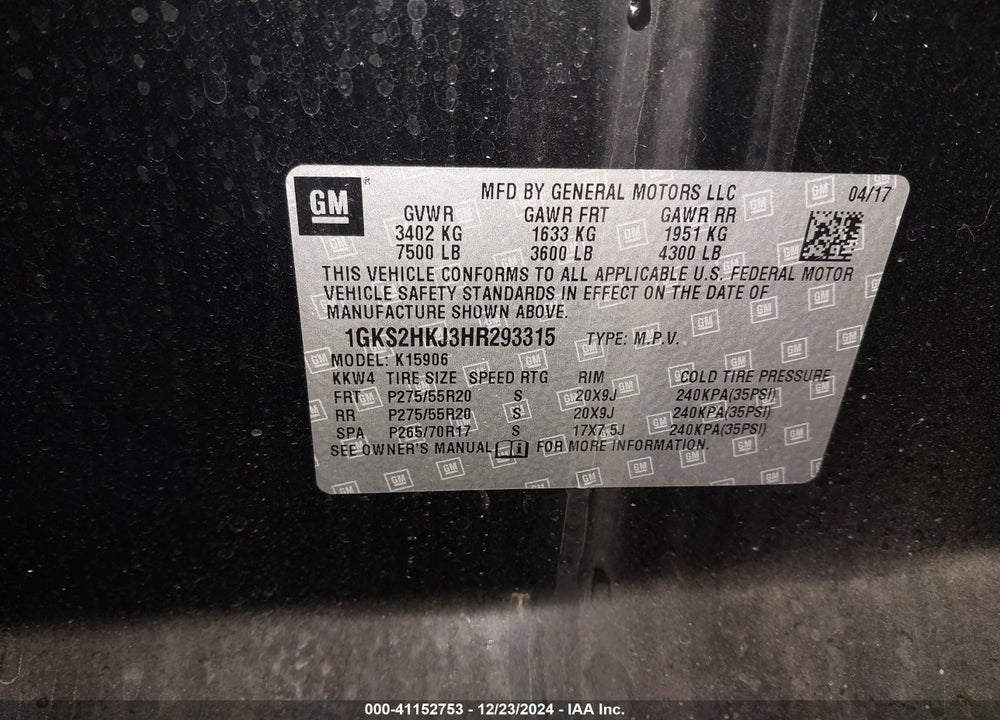 2017 GMC YUKON XL VIN: 1GKS2HKJ3HR293315