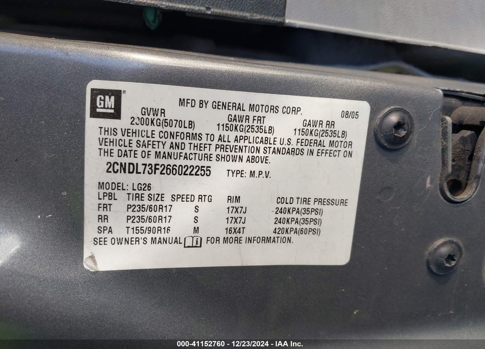 2006 CHEVROLET EQUINOX LT VIN: 2CNDL73F266022255
