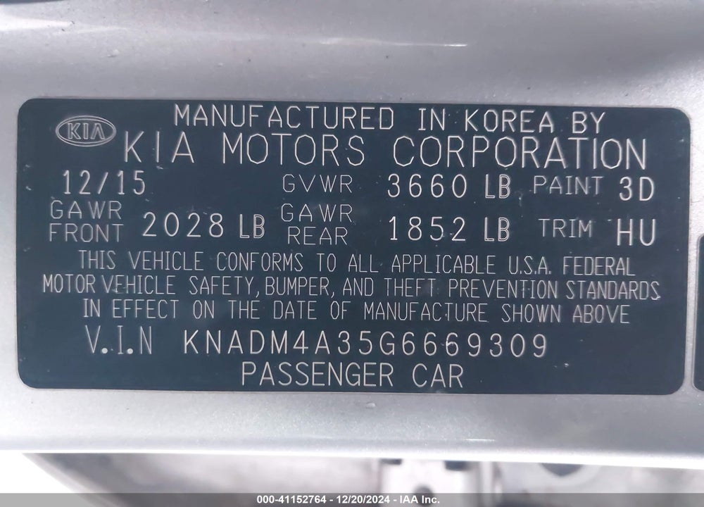 2016 KIA RIO VIN: KNADM4A35G6669309
