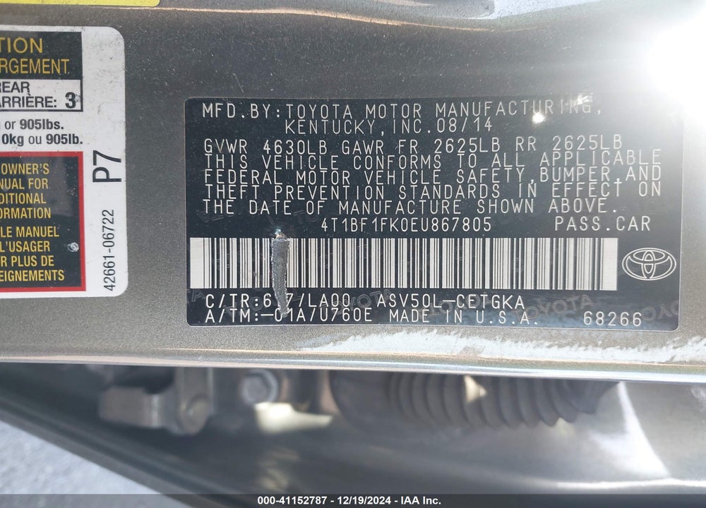 2014 TOYOTA CAMRY XLE VIN: 4T1BF1FK0EU867805