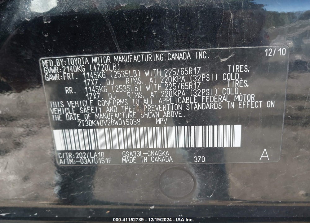 2011 TOYOTA RAV4 LIMITED VIN: 2T3DK4DV2BW045058