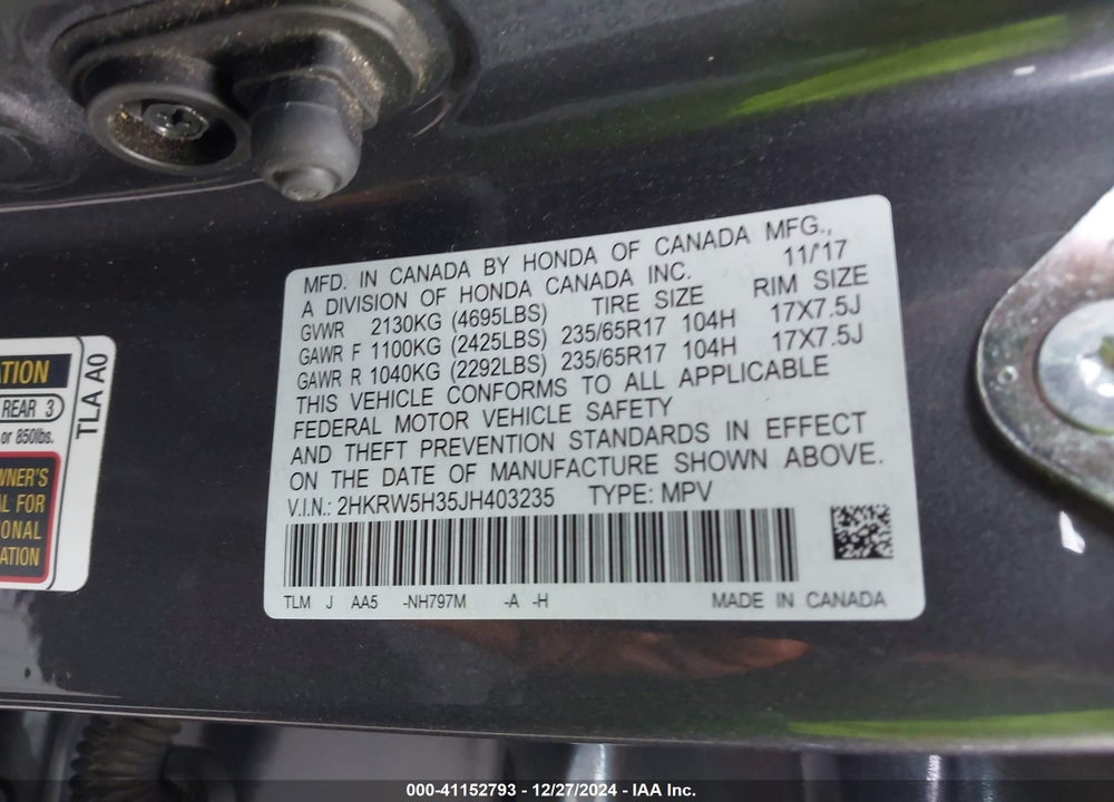 2018 HONDA CR-V LX VIN: 2HKRW5H35JH403235
