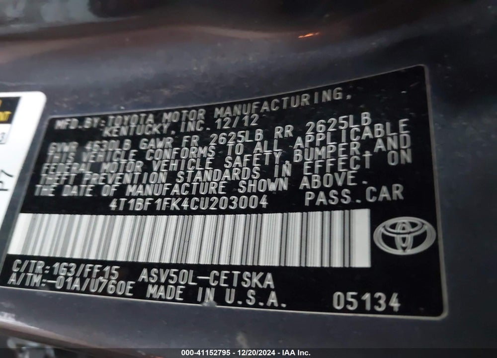 2012 TOYOTA CAMRY VIN: 4T1BF1FK4CU203004