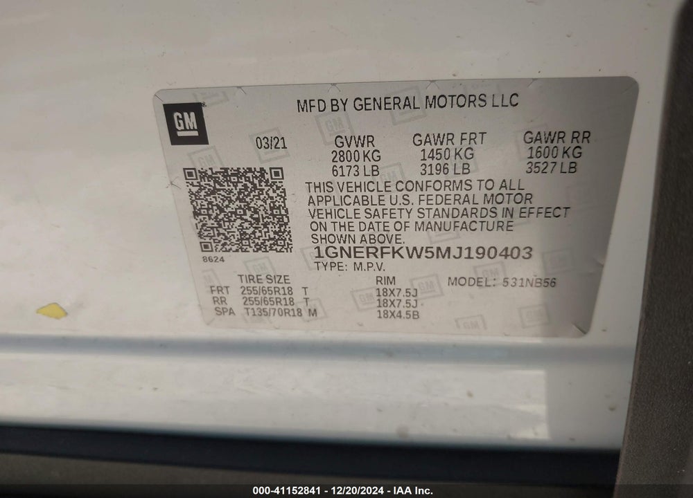 2021 CHEVROLET TRAVERSE VIN: 1GNERFKW5MJ190403