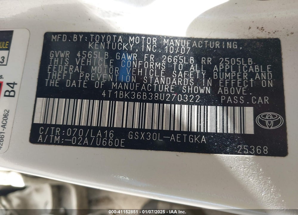 2008 TOYOTA AVALON XLS VIN: 4T1BK36B38U270322