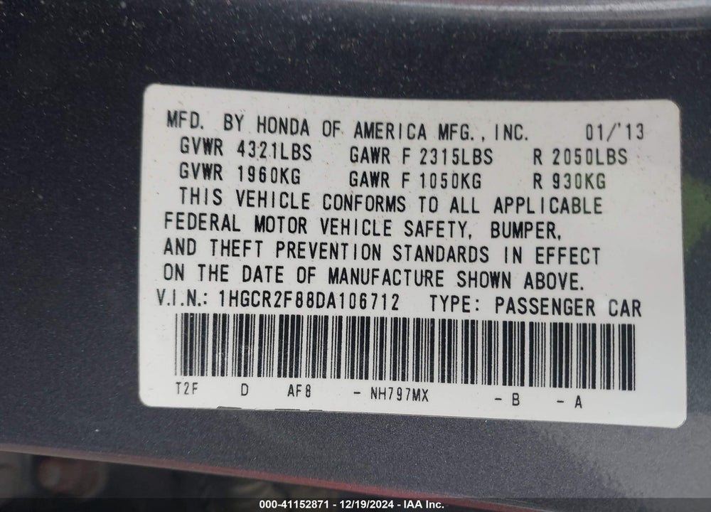 2013 HONDA ACCORD EX-L VIN: 1HGCR2F88DA106712