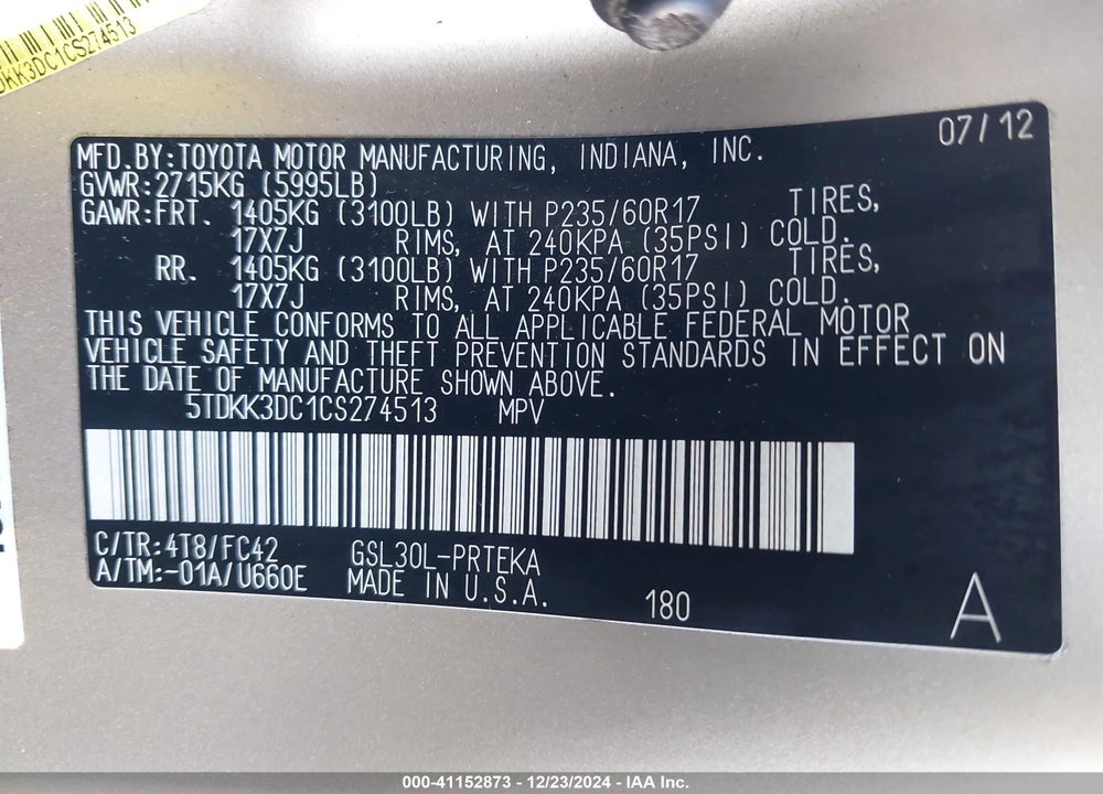 2012 TOYOTA SIENNA VIN: 5TDKK3DC1CS274513