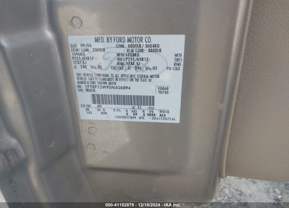 2005 FORD F-150 STX/XL/XLT VIN: 1FTRF12W95NA26894