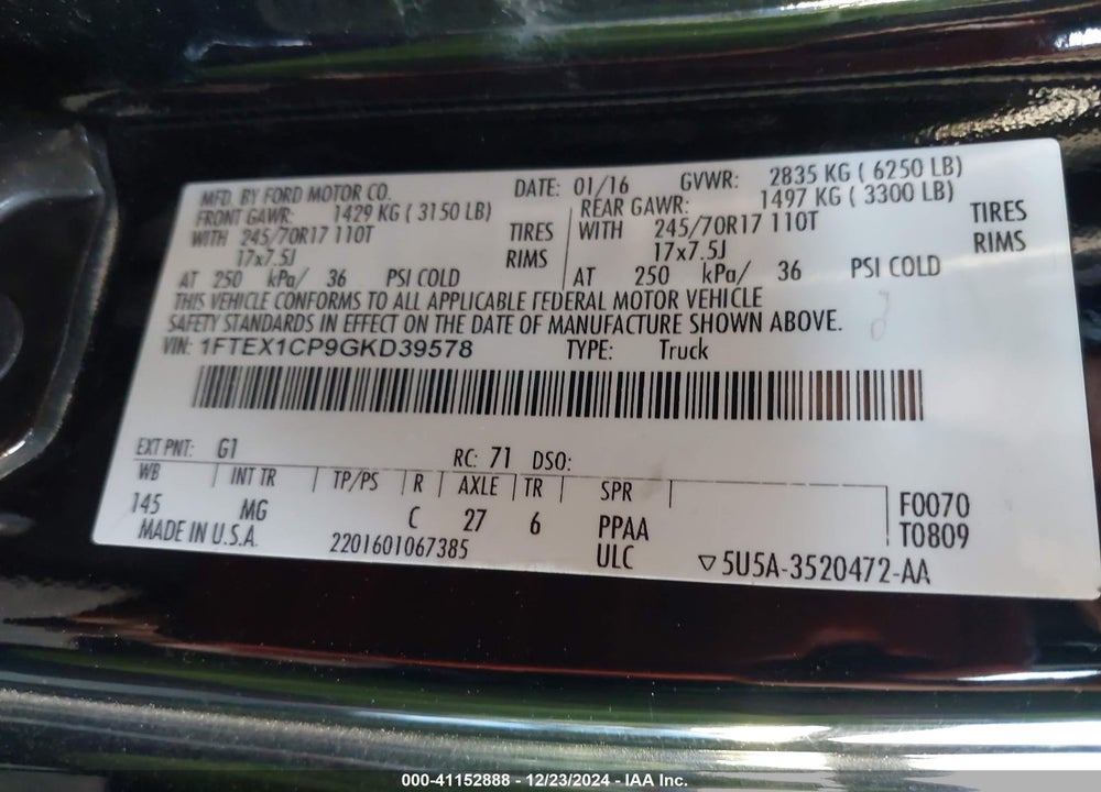 2016 FORD F-150 VIN: 1FTEX1CP9GKD39578
