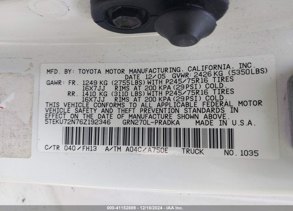 2006 TOYOTA TACOMA PRERUNNER V6 VIN: 5TEKU72N76Z192346