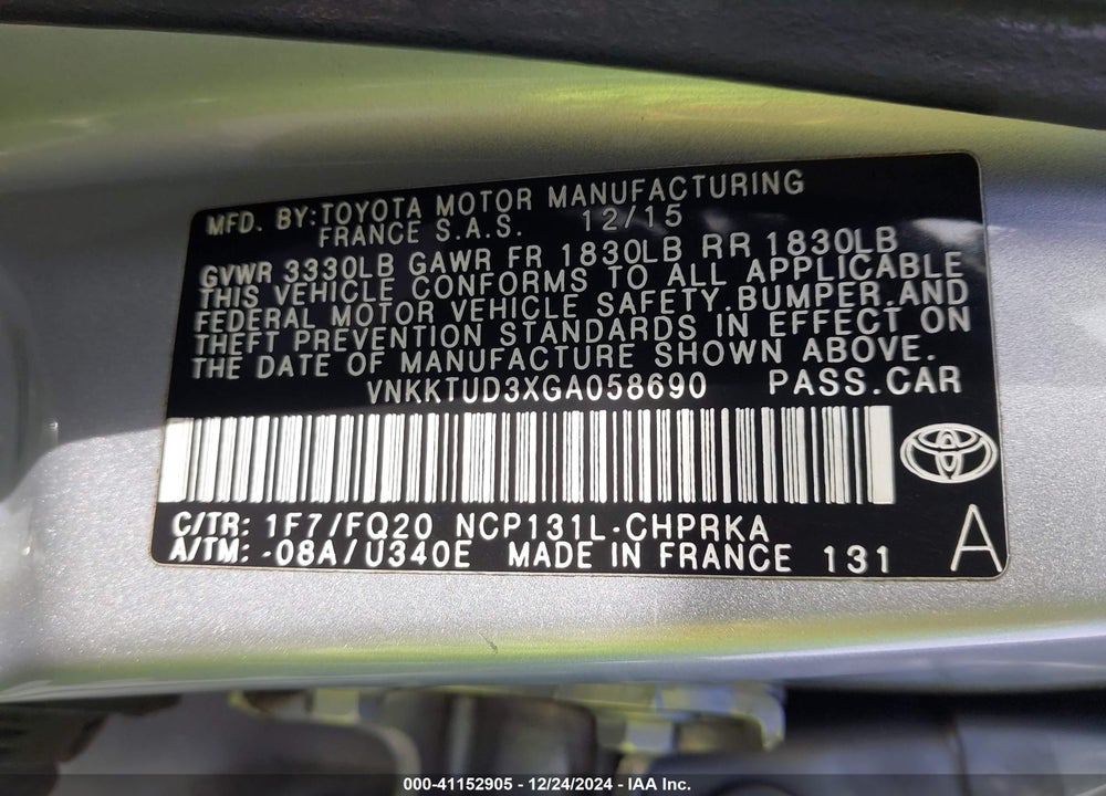 2016 TOYOTA YARIS L VIN: VNKKTUD3XGA058690