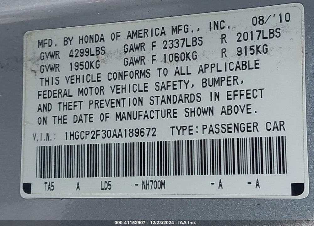 2010 HONDA ACCORD 2.4 LX VIN: 1HGCP2F30AA189672