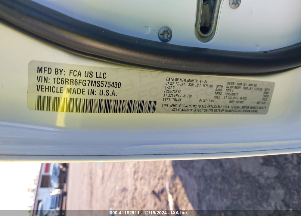 2021 RAM 1500 CLASSIC TRADESMAN 4X2 6'4 BOX VIN: 1C6RR6FG7MS575430