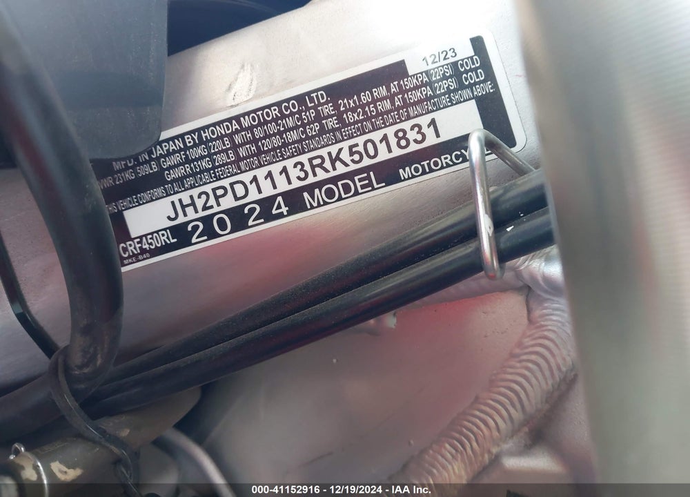 2024 HONDA CRF450 RL VIN: JH2PD1113RK501831