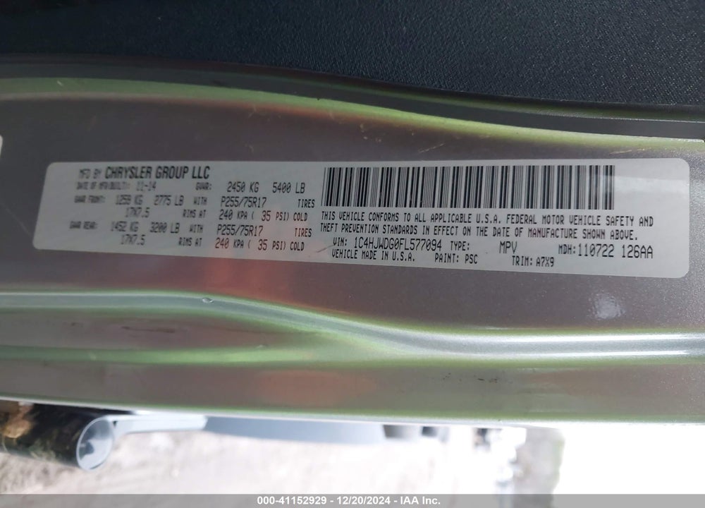 2015 JEEP WRANGLER UNLIMITED SPORT VIN: 1C4HJWDG0FL577094