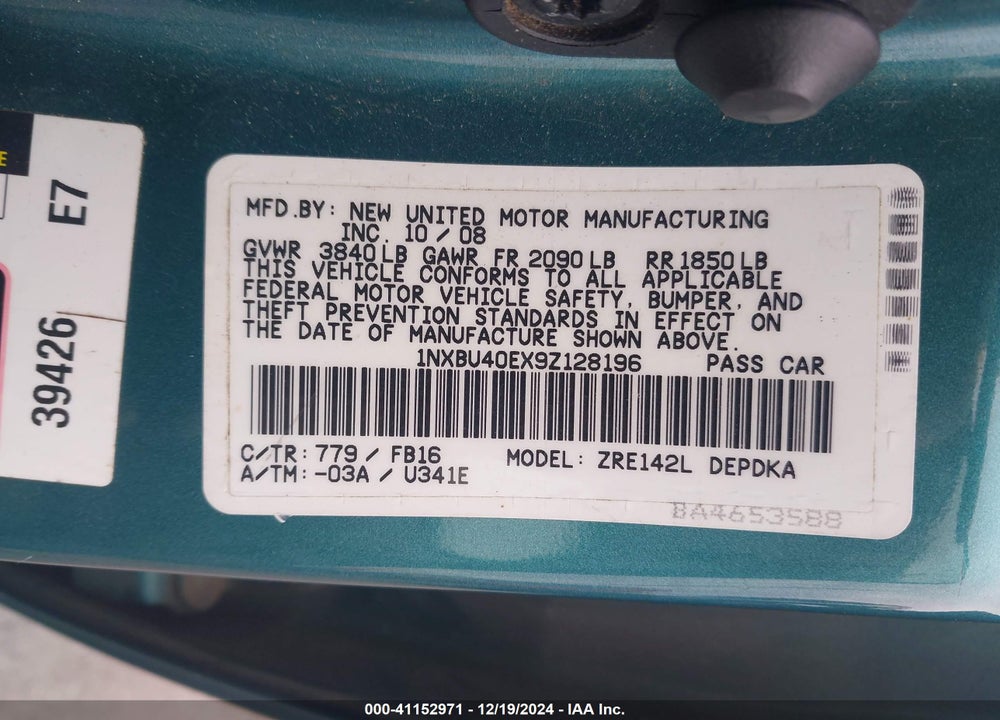 2009 TOYOTA COROLLA VIN: 1NXBU40EX9Z128196