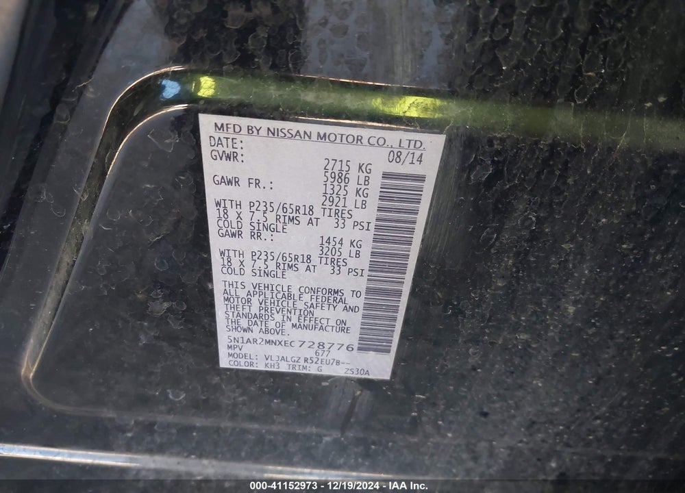 2014 NISSAN PATHFINDER SL VIN: 5N1AR2MNXEC728776