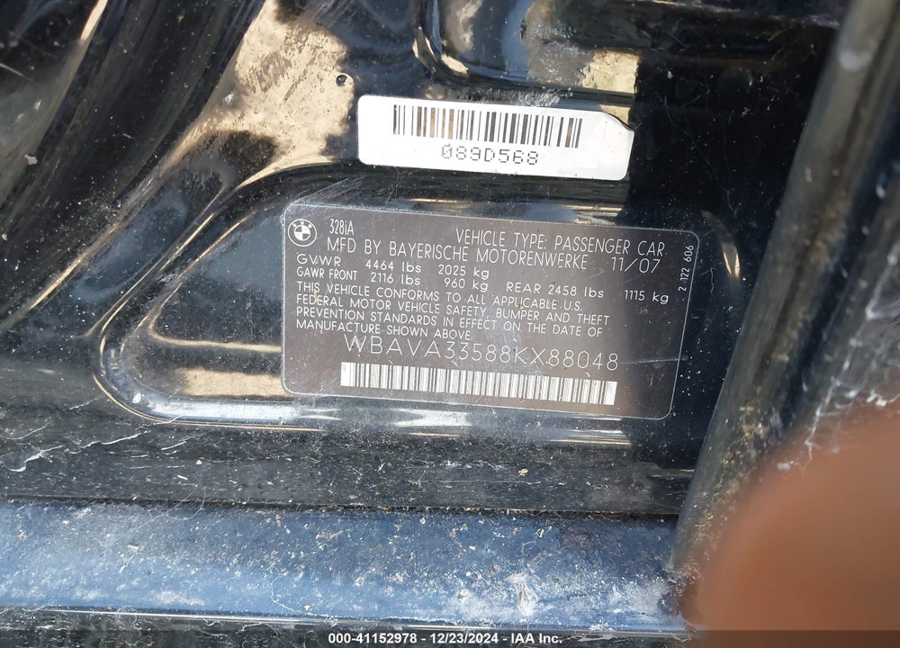 2008 BMW 328I VIN: WBAVA33588KX88048