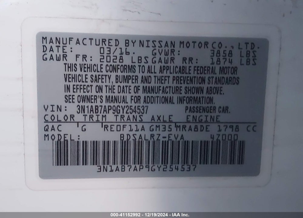 2016 NISSAN SENTRA SR VIN: 3N1AB7AP9GY254537