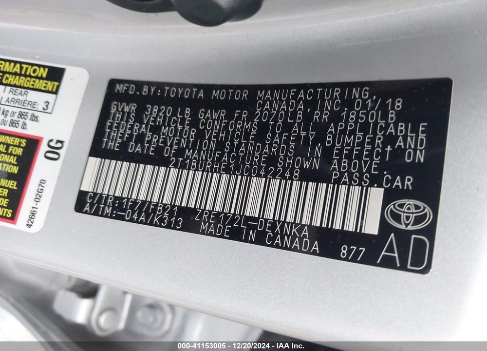 2018 TOYOTA COROLLA VIN: 2T1BURHE1JC042248
