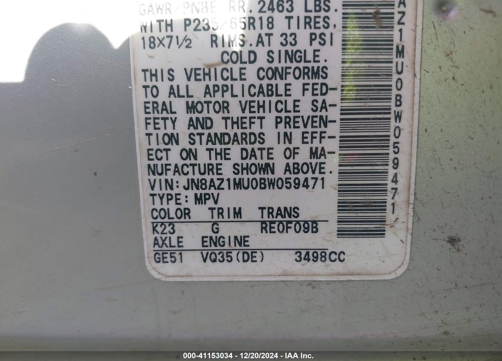 2011 NISSAN MURANO S VIN: JN8AZ1MU0BW059471