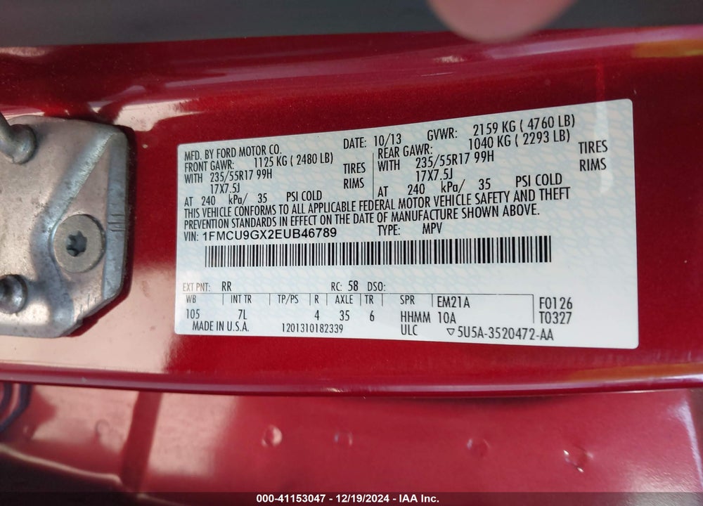 2014 FORD ESCAPE SE VIN: 1FMCU9GX2EUB46789