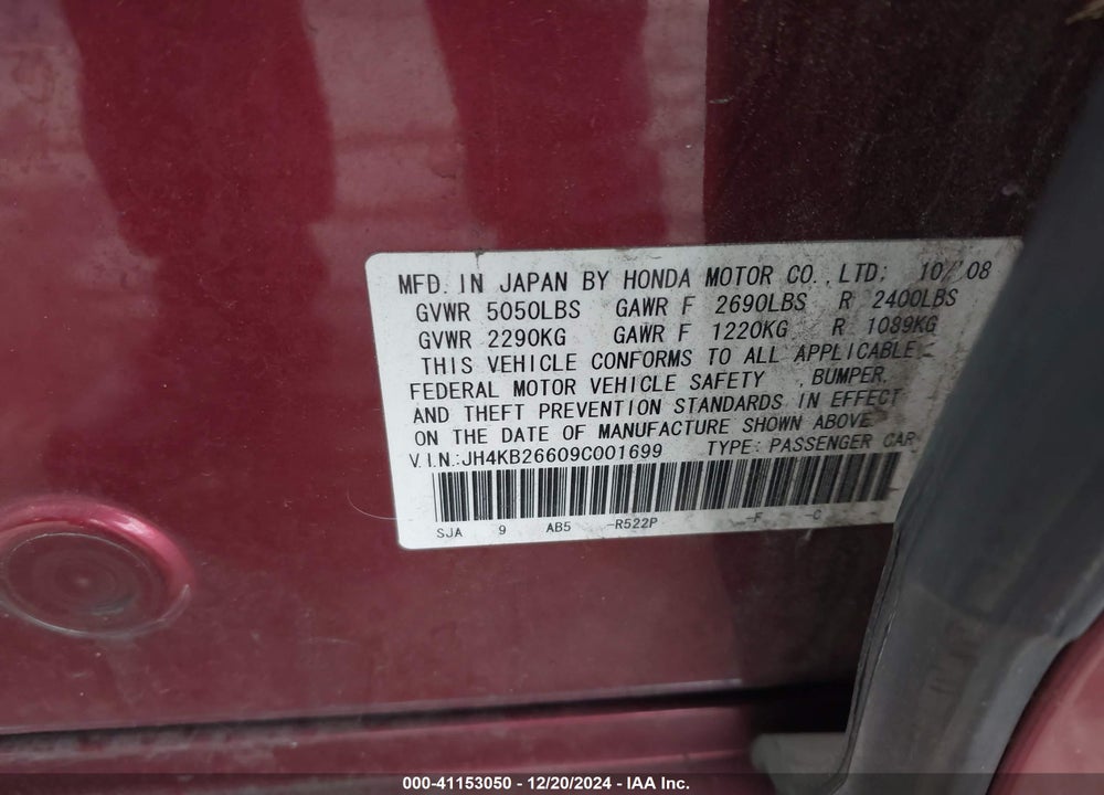 2009 ACURA RL 3.7 VIN: JH4KB26609C001699
