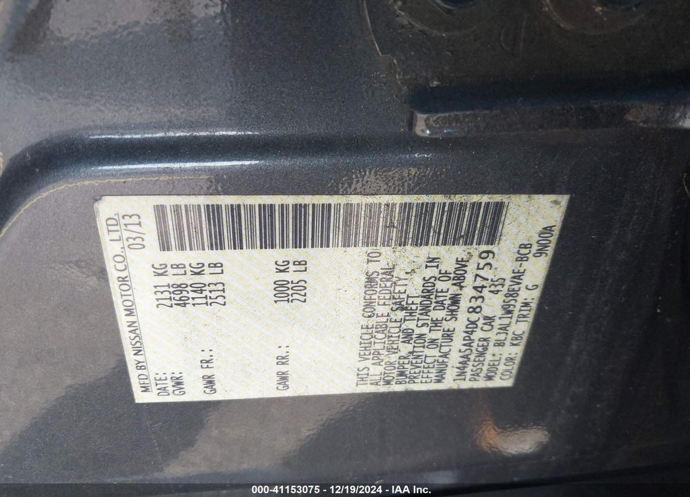 2013 NISSAN MAXIMA 3.5 SV VIN: 1N4AA5AP4DC834759