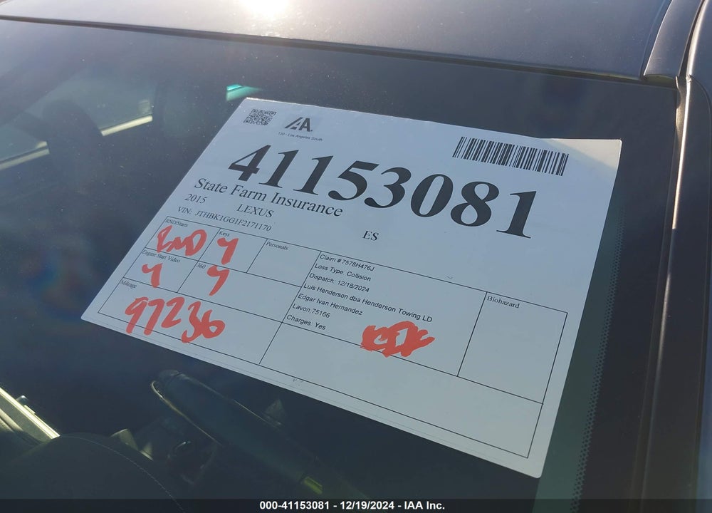 2015 LEXUS ES 350 VIN: JTHBK1GG1F2171170
