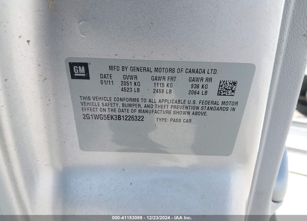 2011 CHEVROLET IMPALA LT VIN: 2G1WG5EK3B1226322