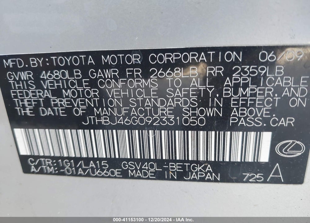 2009 LEXUS ES 350 VIN: JTHBJ46G092331050