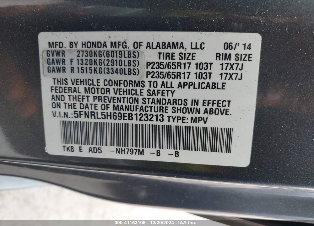2014 HONDA ODYSSEY EX-L VIN: 5FNRL5H69EB123213
