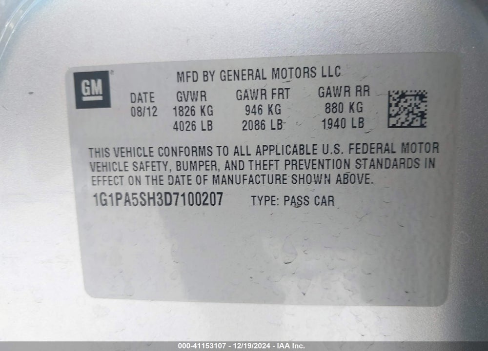 2013 CHEVROLET CRUZE LS AUTO VIN: 1G1PA5SH3D7100207
