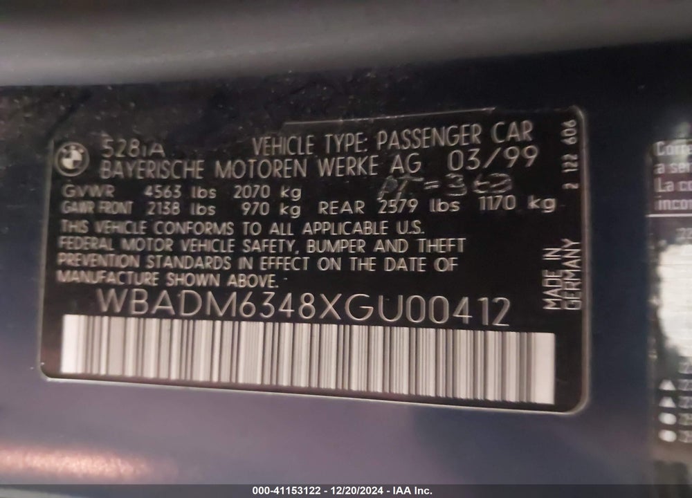 1999 BMW 528IA VIN: WBADM6348XGU00412